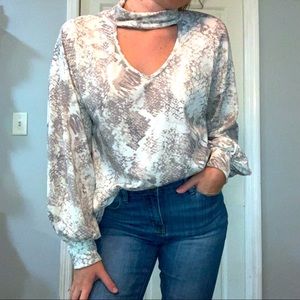 Snakeskin Keyhole Long-Sleeve Top